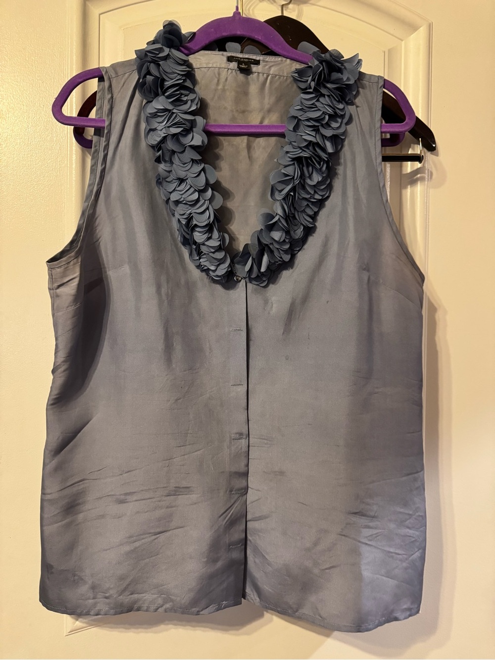 Ann Taylor Sleeveless Floral-Trim Shell Top in Dusty Blue size L